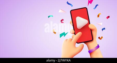 Hand holding phone with video player. Video streaming and vlog concept. Vector illustration for web sites and banners design Stock Vector