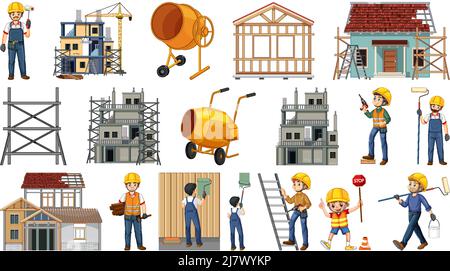 Set of construction site objects and workers illustration Stock Vector