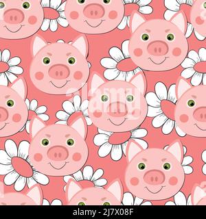 Vector flat animals colorful illustration for kids. Seamless pattern with cute pig face on color background. Adorable cartoon character. Design for Stock Vector