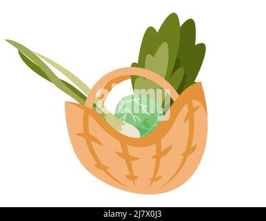 Straw basket with vegetables. Agricultural object in cartoon style. Stock Vector