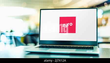 POZNAN, POL - FEB 25, 2022: Laptop computer displaying logo of Zyro, a software company, providing website building, eCommerce, and artificial intelli Stock Photo