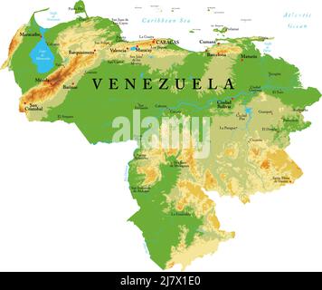 Highly detailed physical map of Venezuela in vector format,with all the relief forms,regions and big cities. Stock Vector