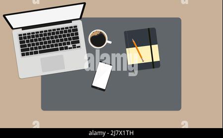 top down view of office desk with laptop, notebook with pencil, smartphone and cup of coffee, vector illustration Stock Vector