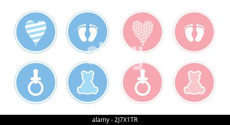 blue and pink set of baby icons feet footprint stroller bear and pacifier Stock Vector