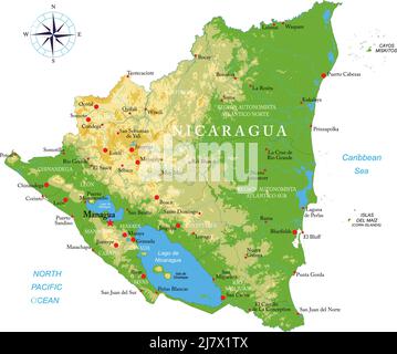 Highly detailed physical map of Nicaragua, in vector format,with all the relief forms,regions and big cities. Stock Vector
