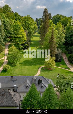 Staatspark Fürstenlager, Auerbach, Bensheim, Germany, beautiful aerial view during summer with lots of trees and people walking around, Odenwald, Famo Stock Photo