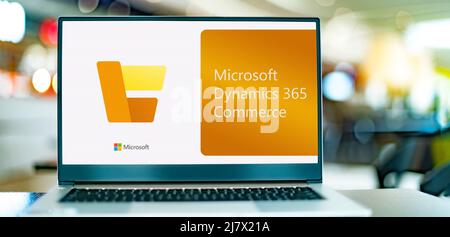 POZNAN, POL - APR 9, 2022: Laptop computer displaying logo of Microsoft ...