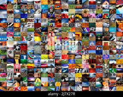 Multiple screens showing a mosaic of hundreds of images. Streaming Television. Broadcast, Information worm hole, Choice, Network, Catch up Services Stock Photo