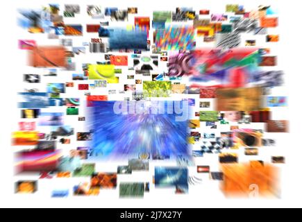 Multiple screens showing a mosaic of hundreds of images. Streaming Television. Broadcast, Information worm hole, Choice, Network, Catch up Services Stock Photo