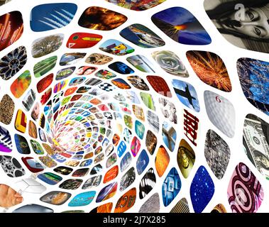 Multiple screens showing a mosaic of hundreds of images. Streaming Television. Broadcast, Information worm hole, Choice, Network, Catch up Services Stock Photo