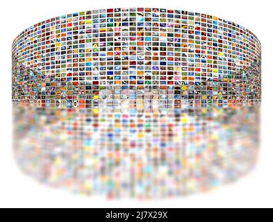 Multiple screens showing a mosaic of hundreds of images. Streaming Television. Broadcast, Information worm hole, Choice, Network, Catch up Services Stock Photo