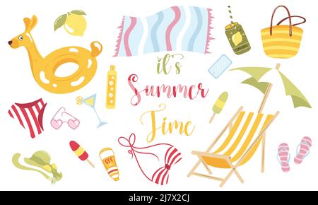 Hello summer. Set of decorative summer elements on a white background. Summer holidays, clothes and drinks. Stock Vector