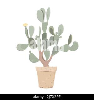 Potted Prickly Pear cactus. Old opuntia tree with fruits, and flowers in flower pot. Vector illustration isolated on white. Stock Vector