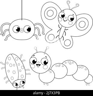 Set of cute bugs. A spider, a butterfly, a beetle and a caterpillar. Vector black and white coloring page Stock Vector