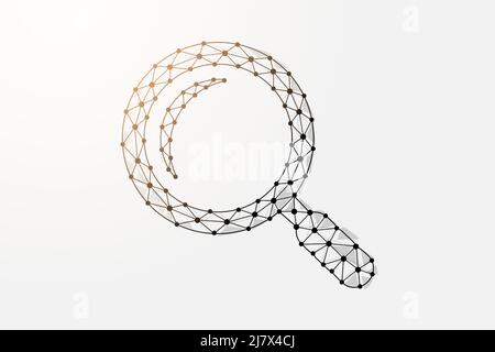 Magnifying glass 3d low poly symbol with connected dots. Analysis, search tool design vector illustration. Loupe polygonal wireframe Stock Vector