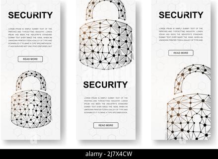 Set of three Locks polygonal vertical banners. 3d Cyber security low poly symbols with connected dots. Vertical illustration for homepage design. Stock Vector