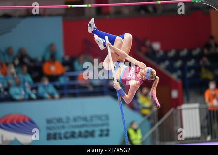 Sandi Morris jumping at the 2022 Belgrade Indoor World Championships in the pole vault specialty. Stock Photo