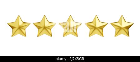 Five golden stars 3d render illustration for customer review concept. Positive client experience concept. Opinion and satisfaction of customers for re Stock Photo