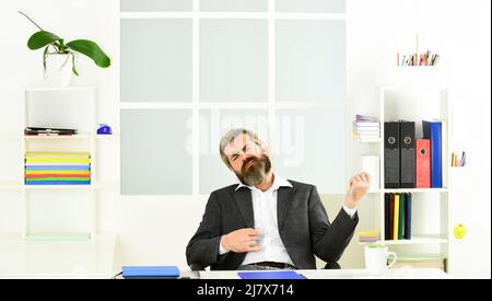 Bearded hipster creative director. Advocacy and jurisprudence. Legal services director. Case manager track paperwork and other important information Stock Photo