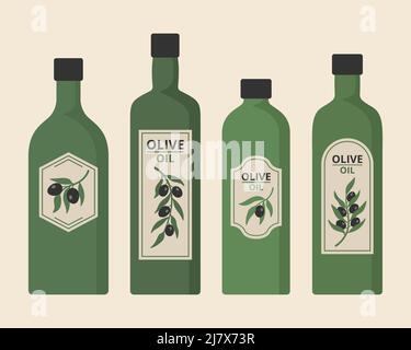 Olive minimalist oil bottles with black olive branches in pastel colors. Vector illustration. Stock Vector