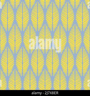 Seamless vector pattern with leaf vine texture on blue background. Simple tropical palm leaf wallpaper design. Decorative boho fashion textile. Stock Vector