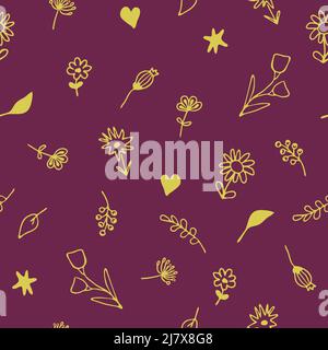 Seamless vector pattern with small flowers on purple background. Bright yellow floral wallpaper design. Simple artistic wildflower fashion textile. Stock Vector