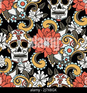 Seamless vector pattern with skulls and flowers on black background. Busy bright carnival wallpaper design. Decorative mexico fashion textile. Stock Vector