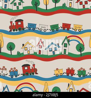 Seamless vector pattern with train on off white background. Children toy wallpaper design. Decorative education fashion textile. Stock Vector
