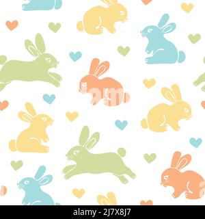 Seamless vector pattern with Easter bunnies on white background. Cute rabbit and love hearts wallpaper design with pastel colours. Stock Vector
