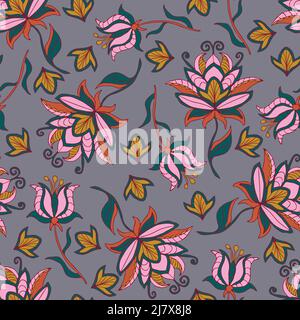Seamless vector pattern with romantic pink flowers on blue background. Vintage embroidery floral wallpaper design. Lily blossom fashion textile. Stock Vector