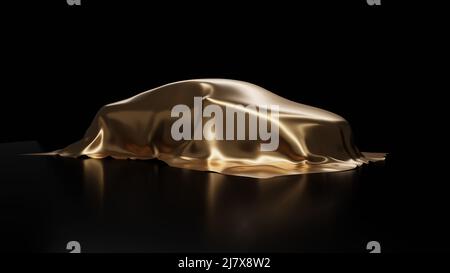 Presentation of a car with shiny gold cloth. Vehicle covered by smooth fabric sheet. Isolated on a black background. 3d render. Stock Photo