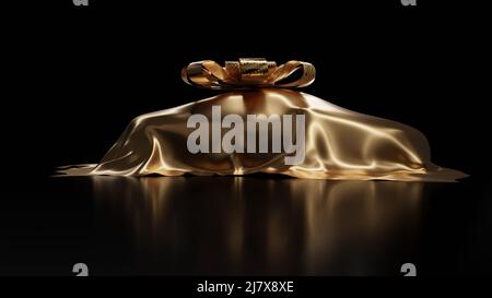 Car covered with gold silk with gold bow ribbon isolated on black background. 3d render. Stock Photo