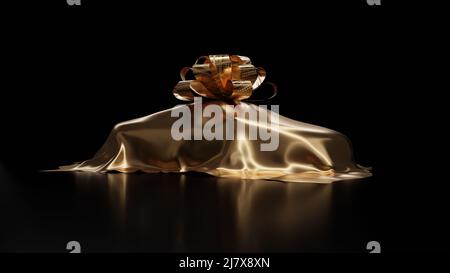 Luxury Car Prize, covered with golden silk cloth, isolated on black background. 3d render. Stock Photo