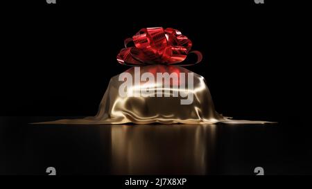 Front view of luxury car prize, gold silk cloth car cover isolated on black background. 3d render. Stock Photo