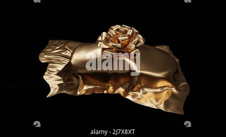 Car vehicle covered by gold smooth fabric sheet. Isolated on a black background. 3d render. Stock Photo