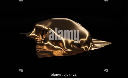 Presentation of a car under shiny gold cloth. Vehicle covered by smooth fabric sheet. Isolated on a black background. Realistic 3d render. Stock Photo
