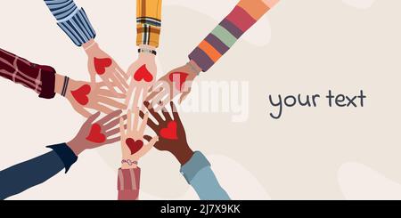 Palms up of group of diverse people in circle with heart in hand. Charity donation and volunteer work. Support and assistance. Multicultural community Stock Vector