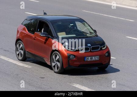 ISTANBUL- TURKEY, MAY 1, 2022. German electric car BMW i3 on the highway. Electric BMW i3 in the city street. Stock Photo