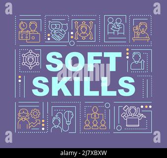 Essential soft skills word concepts dark purple banner Stock Vector