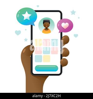 Smartphone mockup in human hand. Images and video on the profile screen. Vector colorful social media illustration. Instagram, Whatsapp, Skype Stock Vector