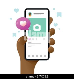 Smartphone mockup in human hand. Post in application. Vector colorful social media illustration. Instagram, Whatsapp, Skype Stock Vector