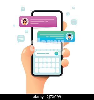 Smartphone mockup in human hand. Text messages. Messaging. Vector colorful social media illustration. Instagram, Whatsapp, Skype Stock Vector