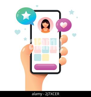 Smartphone mockup in human hand. Images and video on the profile screen. Vector colorful social media illustration. Instagram, Whatsapp, Skype Stock Vector