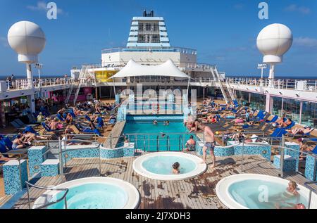 Pool and sundeck on Marella Explorer 2 cruise ship, Caribbean Sea, Greater Antilles, Caribbean Stock Photo