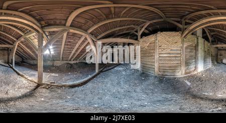 360 degree panoramic view of 360 hdr panorama inside abandoned ruined wooden decaying hangar or room with columns or old building. full seamless spherical hdri panorama in equirec
