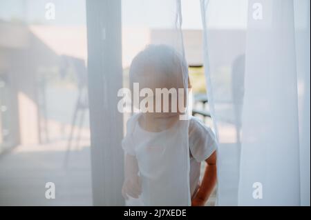 Cute baby girl playing,hiding behind curtains at home. Stock Photo