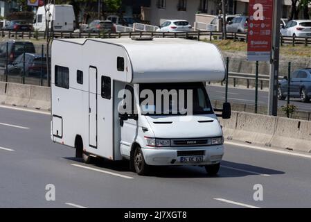 ISTANBUL- TURKEY - APRIL 9, 2022: IVECO caravan vehicle on the highway. Iveco is a manufacturer of trucks, buses and diesel engines based in Turin, It Stock Photo