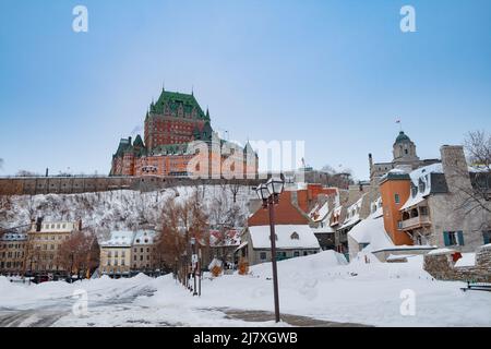 Snow covered streets and Fairmont Chateau Frontenac in Quebec Stock Photo