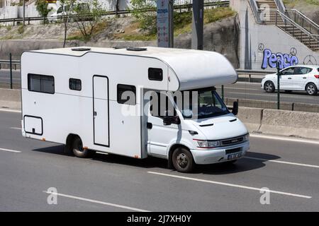 ISTANBUL- TURKEY - APRIL 9, 2022: IVECO caravan vehicle on the highway. Iveco is a manufacturer of trucks, buses and diesel engines based in Turin, It Stock Photo