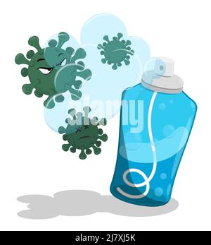 Cartoon evil viruses die in clouds of disinfectant. Treatment of premises from dangerous microorganisms, prevention of spread of diseases. Vector isol Stock Vector